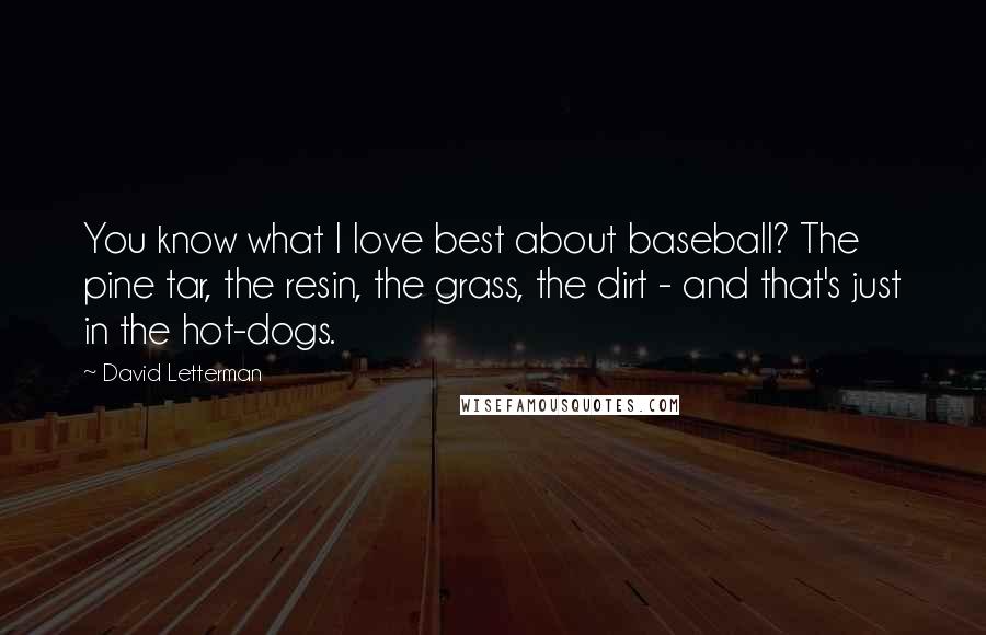 David Letterman Quotes: You know what I love best about baseball? The pine tar, the resin, the grass, the dirt - and that's just in the hot-dogs.