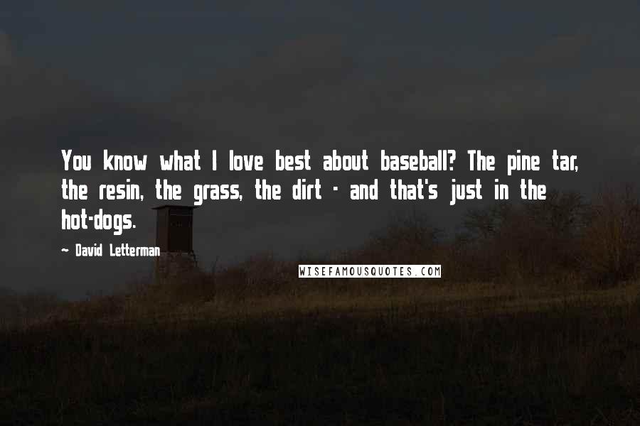 David Letterman Quotes: You know what I love best about baseball? The pine tar, the resin, the grass, the dirt - and that's just in the hot-dogs.