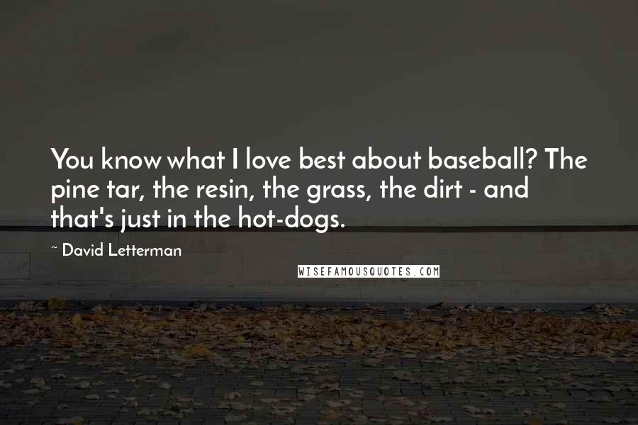David Letterman Quotes: You know what I love best about baseball? The pine tar, the resin, the grass, the dirt - and that's just in the hot-dogs.