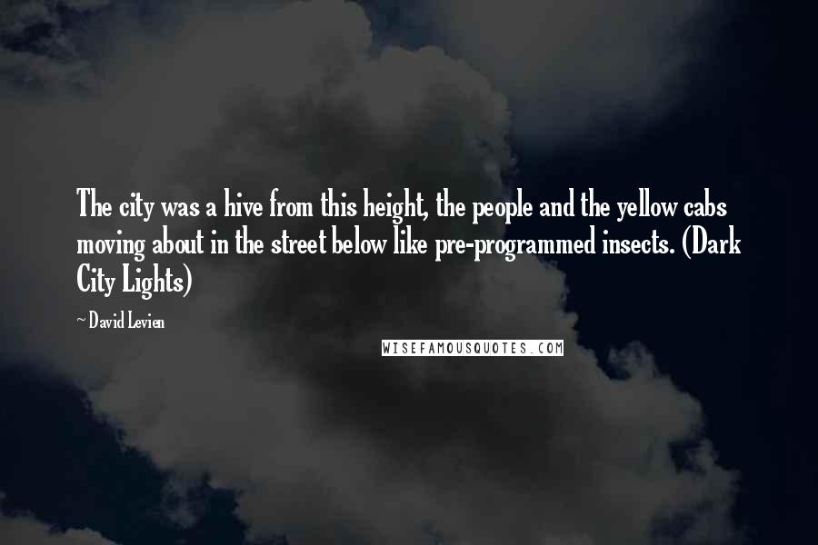 David Levien Quotes: The city was a hive from this height, the people and the yellow cabs moving about in the street below like pre-programmed insects. (Dark City Lights)