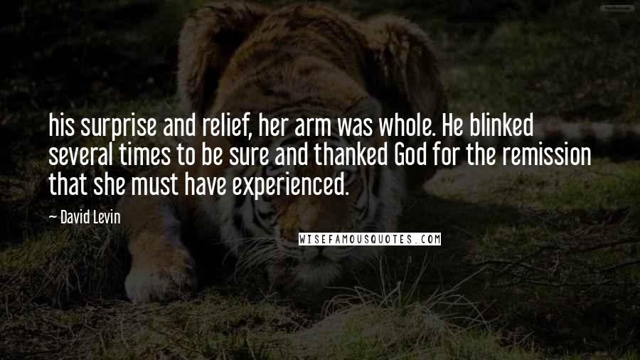 David Levin Quotes: his surprise and relief, her arm was whole. He blinked several times to be sure and thanked God for the remission that she must have experienced.