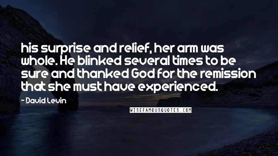 David Levin Quotes: his surprise and relief, her arm was whole. He blinked several times to be sure and thanked God for the remission that she must have experienced.