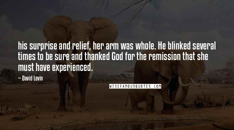 David Levin Quotes: his surprise and relief, her arm was whole. He blinked several times to be sure and thanked God for the remission that she must have experienced.