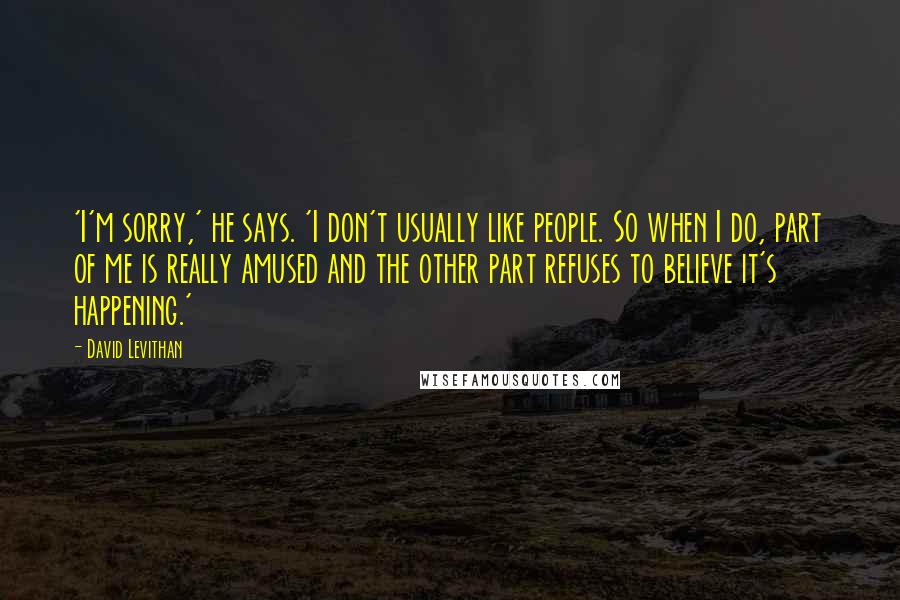 David Levithan Quotes: 'I'm sorry,' he says. 'I don't usually like people. So when I do, part of me is really amused and the other part refuses to believe it's happening.'