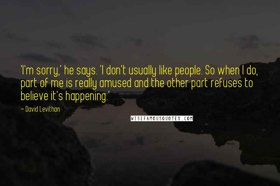David Levithan Quotes: 'I'm sorry,' he says. 'I don't usually like people. So when I do, part of me is really amused and the other part refuses to believe it's happening.'