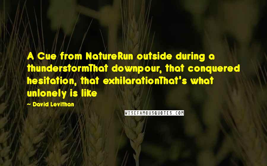 David Levithan Quotes: A Cue from NatureRun outside during a thunderstormThat downpour, that conquered hesitation, that exhilarationThat's what unlonely is like
