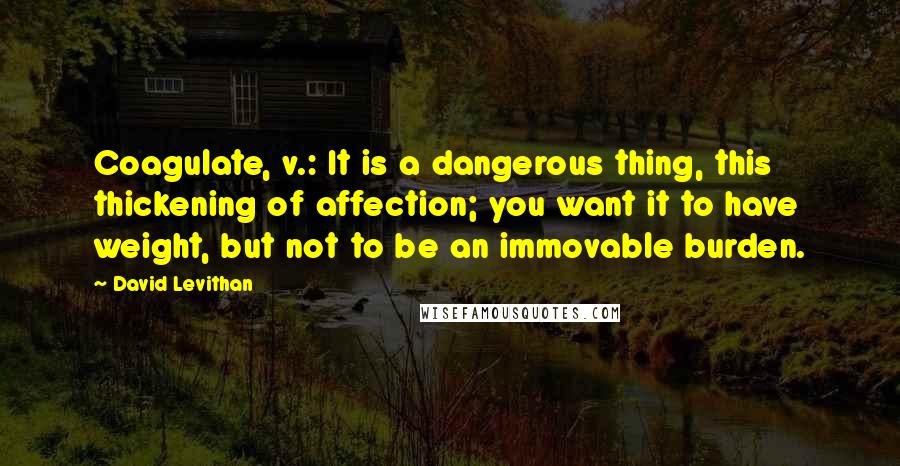 David Levithan Quotes: Coagulate, v.: It is a dangerous thing, this thickening of affection; you want it to have weight, but not to be an immovable burden.