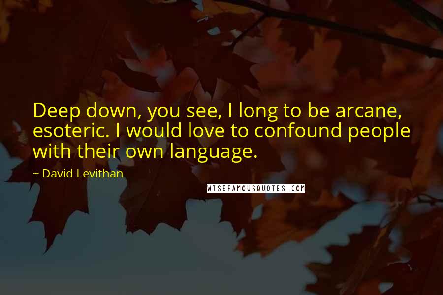 David Levithan Quotes: Deep down, you see, I long to be arcane, esoteric. I would love to confound people with their own language.
