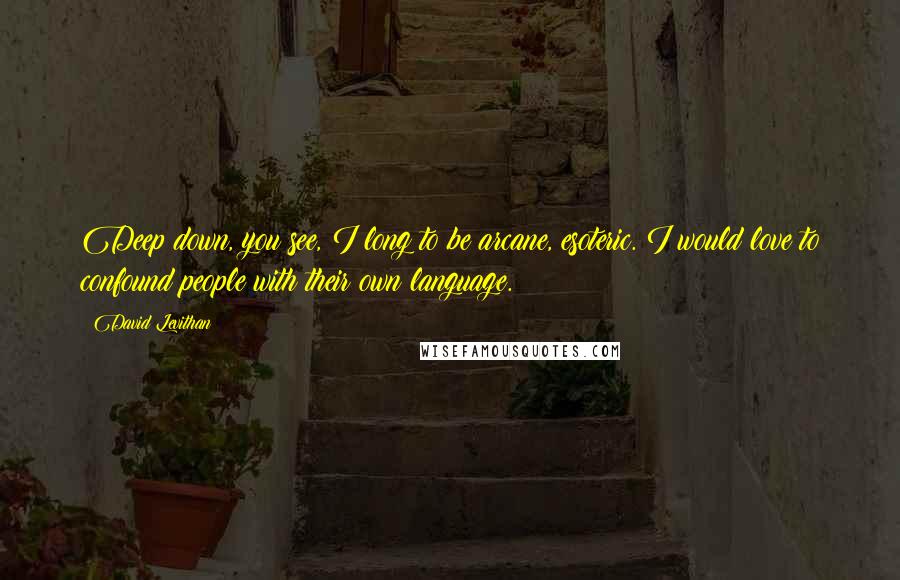 David Levithan Quotes: Deep down, you see, I long to be arcane, esoteric. I would love to confound people with their own language.