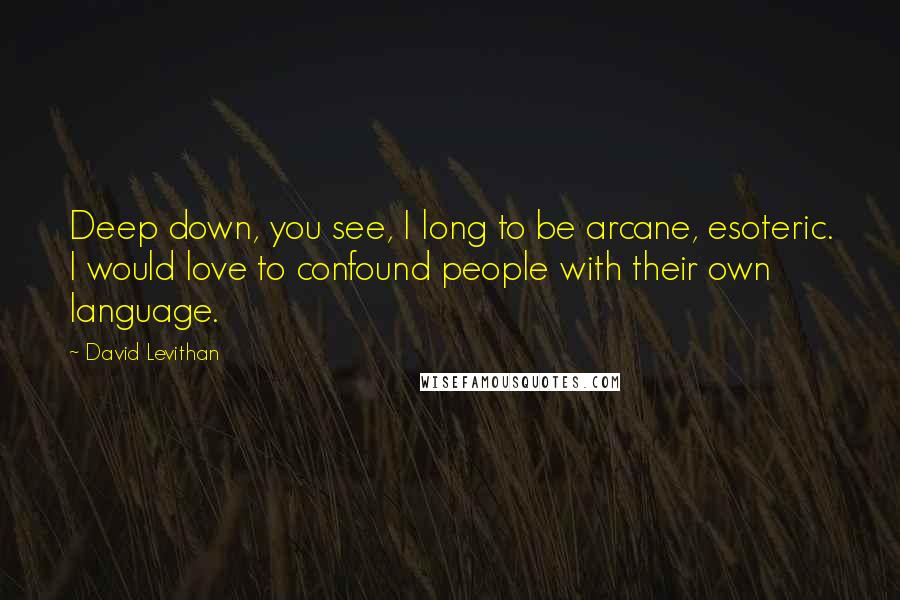 David Levithan Quotes: Deep down, you see, I long to be arcane, esoteric. I would love to confound people with their own language.