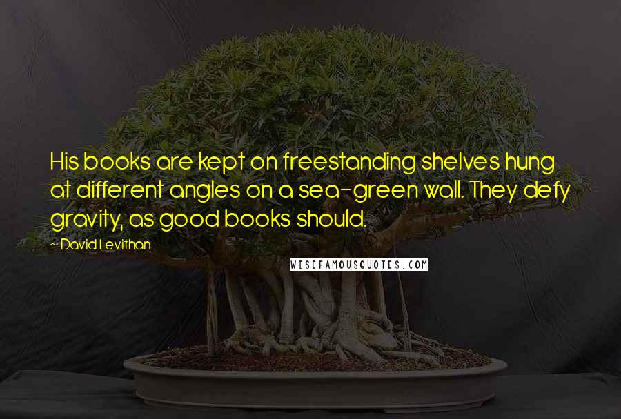 David Levithan Quotes: His books are kept on freestanding shelves hung at different angles on a sea-green wall. They defy gravity, as good books should.