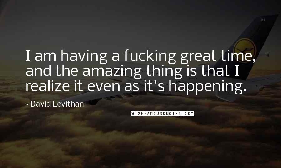 David Levithan Quotes: I am having a fucking great time, and the amazing thing is that I realize it even as it's happening.