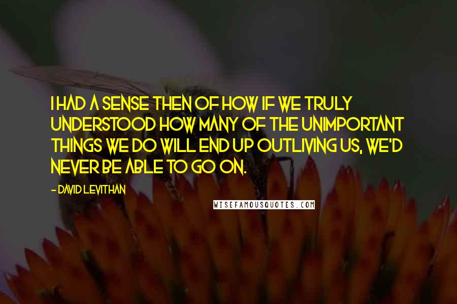 David Levithan Quotes: I had a sense then of how if we truly understood how many of the unimportant things we do will end up outliving us, we'd never be able to go on.