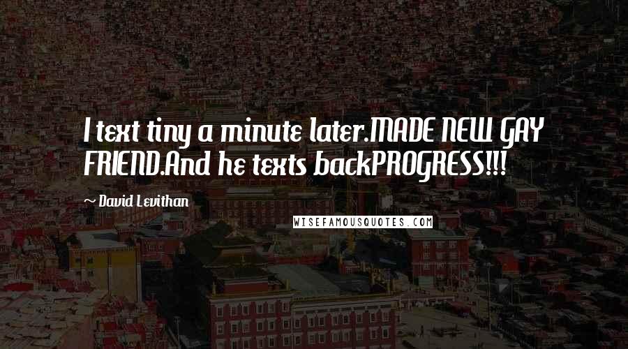 David Levithan Quotes: I text tiny a minute later.MADE NEW GAY FRIEND.And he texts backPROGRESS!!!