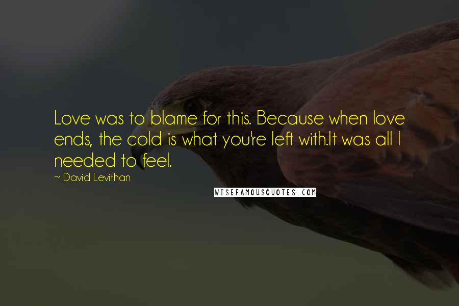 David Levithan Quotes: Love was to blame for this. Because when love ends, the cold is what you're left with.It was all I needed to feel.