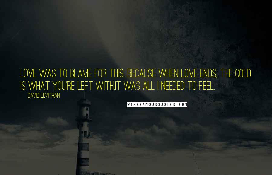 David Levithan Quotes: Love was to blame for this. Because when love ends, the cold is what you're left with.It was all I needed to feel.