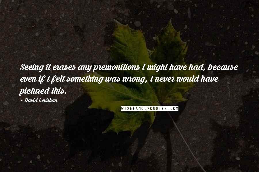 David Levithan Quotes: Seeing it erases any premonitions I might have had, because even if I felt something was wrong, I never would have pictured this.