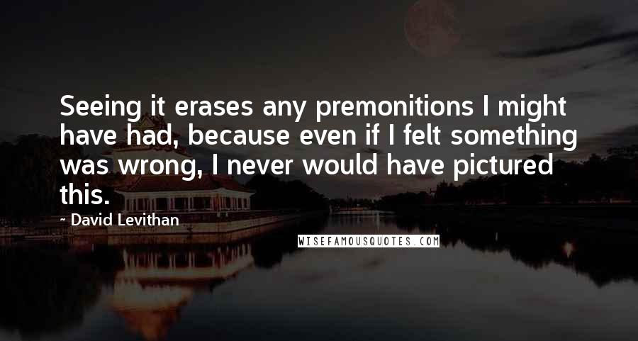 David Levithan Quotes: Seeing it erases any premonitions I might have had, because even if I felt something was wrong, I never would have pictured this.