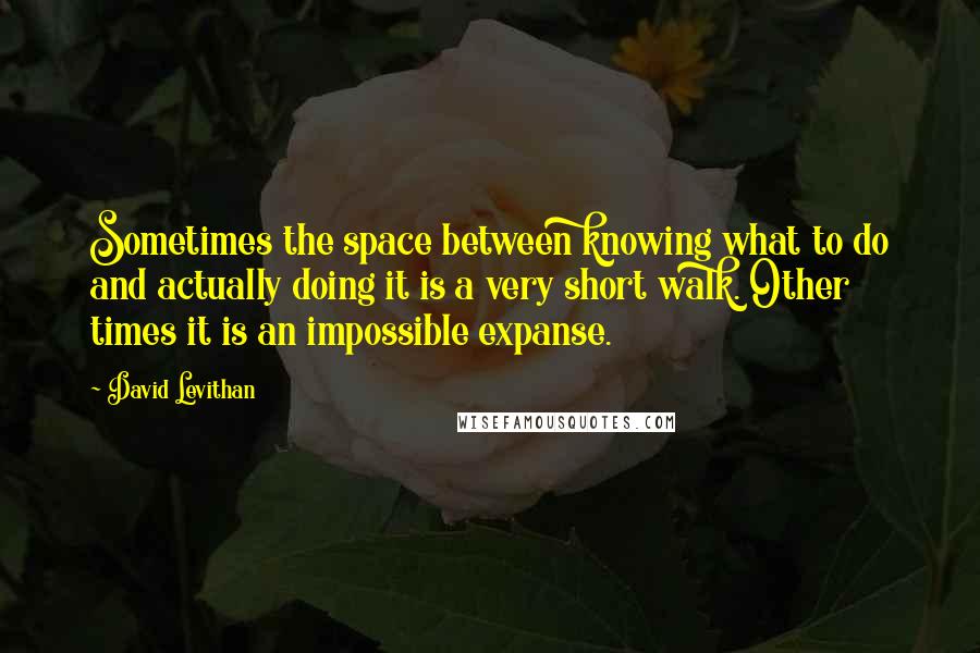David Levithan Quotes: Sometimes the space between knowing what to do and actually doing it is a very short walk. Other times it is an impossible expanse.