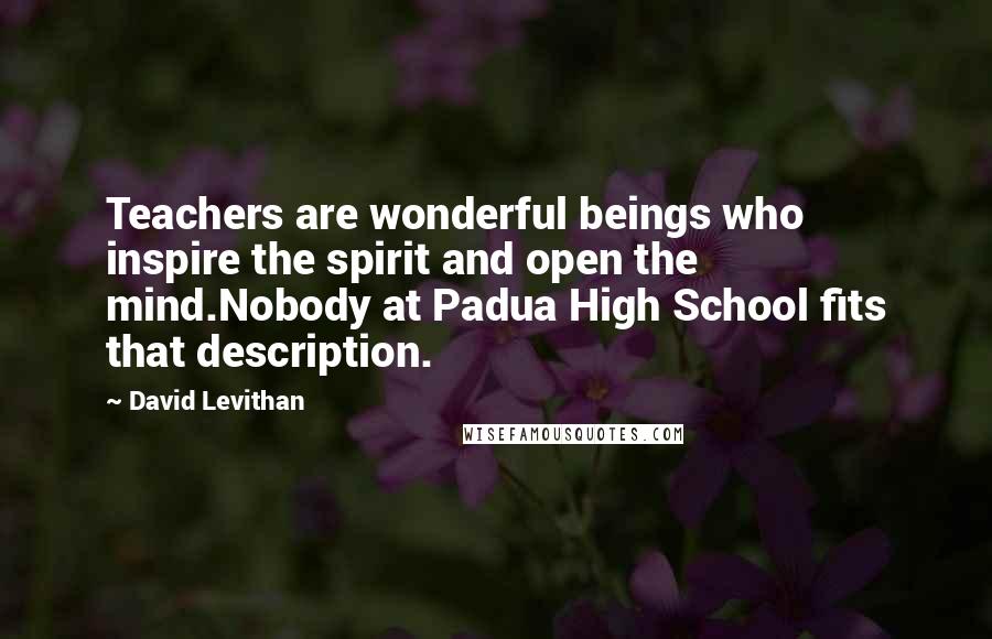 David Levithan Quotes: Teachers are wonderful beings who inspire the spirit and open the mind.Nobody at Padua High School fits that description.