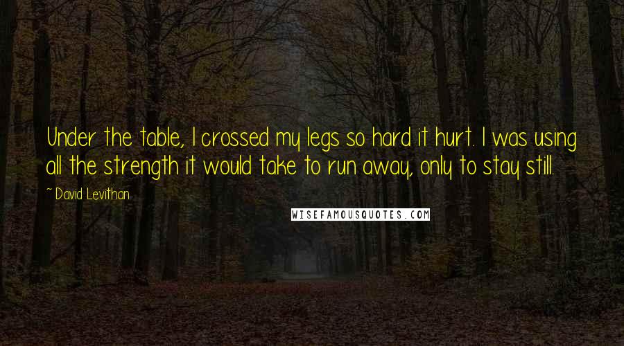 David Levithan Quotes: Under the table, I crossed my legs so hard it hurt. I was using all the strength it would take to run away, only to stay still.