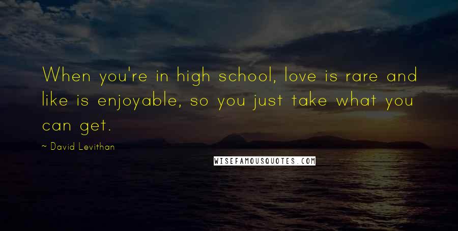 David Levithan Quotes: When you're in high school, love is rare and like is enjoyable, so you just take what you can get.