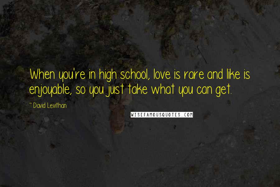 David Levithan Quotes: When you're in high school, love is rare and like is enjoyable, so you just take what you can get.