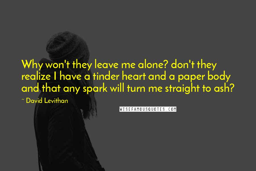 David Levithan Quotes: Why won't they leave me alone? don't they realize I have a tinder heart and a paper body and that any spark will turn me straight to ash?