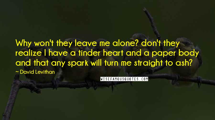 David Levithan Quotes: Why won't they leave me alone? don't they realize I have a tinder heart and a paper body and that any spark will turn me straight to ash?