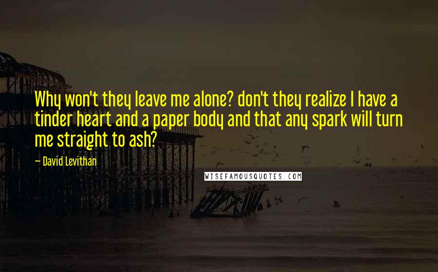 David Levithan Quotes: Why won't they leave me alone? don't they realize I have a tinder heart and a paper body and that any spark will turn me straight to ash?