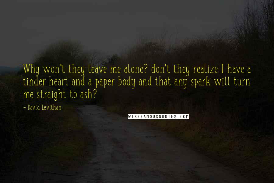 David Levithan Quotes: Why won't they leave me alone? don't they realize I have a tinder heart and a paper body and that any spark will turn me straight to ash?