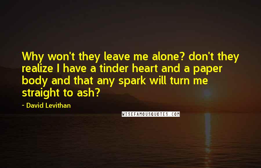 David Levithan Quotes: Why won't they leave me alone? don't they realize I have a tinder heart and a paper body and that any spark will turn me straight to ash?