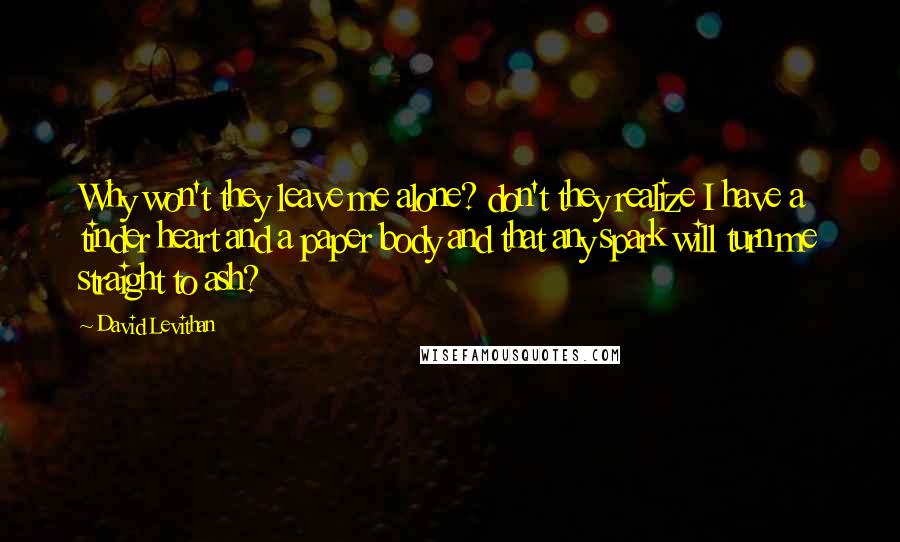 David Levithan Quotes: Why won't they leave me alone? don't they realize I have a tinder heart and a paper body and that any spark will turn me straight to ash?