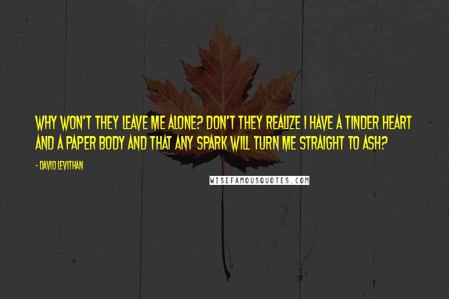 David Levithan Quotes: Why won't they leave me alone? don't they realize I have a tinder heart and a paper body and that any spark will turn me straight to ash?