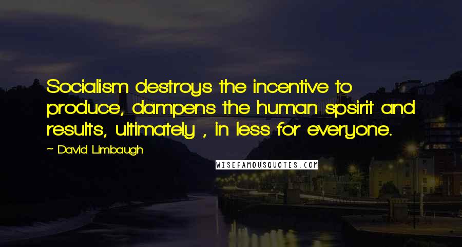 David Limbaugh Quotes: Socialism destroys the incentive to produce, dampens the human spsirit and results, ultimately , in less for everyone.