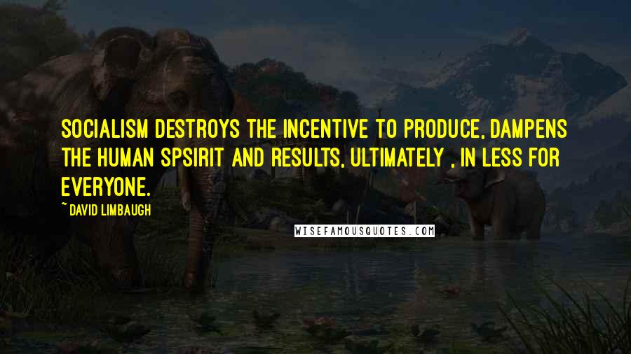 David Limbaugh Quotes: Socialism destroys the incentive to produce, dampens the human spsirit and results, ultimately , in less for everyone.