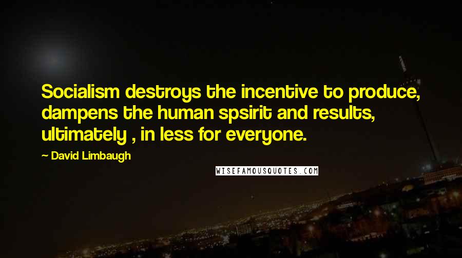 David Limbaugh Quotes: Socialism destroys the incentive to produce, dampens the human spsirit and results, ultimately , in less for everyone.