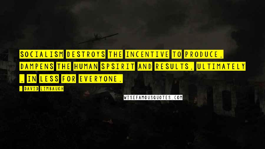 David Limbaugh Quotes: Socialism destroys the incentive to produce, dampens the human spsirit and results, ultimately , in less for everyone.
