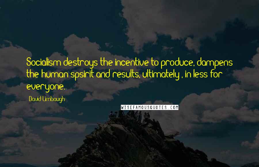 David Limbaugh Quotes: Socialism destroys the incentive to produce, dampens the human spsirit and results, ultimately , in less for everyone.