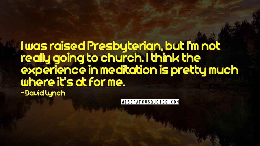 David Lynch Quotes: I was raised Presbyterian, but I'm not really going to church. I think the experience in meditation is pretty much where it's at for me.