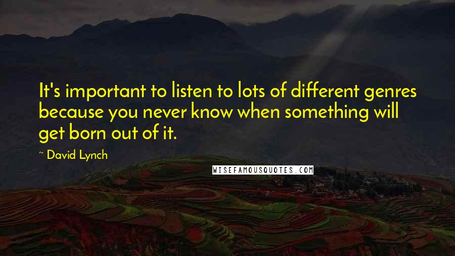 David Lynch Quotes: It's important to listen to lots of different genres because you never know when something will get born out of it.