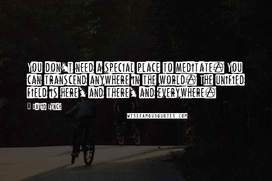 David Lynch Quotes: You don't need a special place to meditate. You can transcend anywhere in the world. The unified field is here, and there, and everywhere.