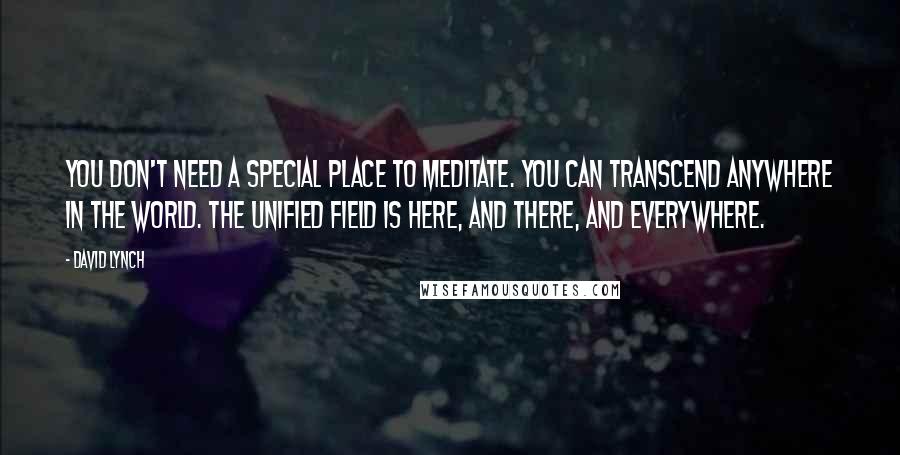 David Lynch Quotes: You don't need a special place to meditate. You can transcend anywhere in the world. The unified field is here, and there, and everywhere.