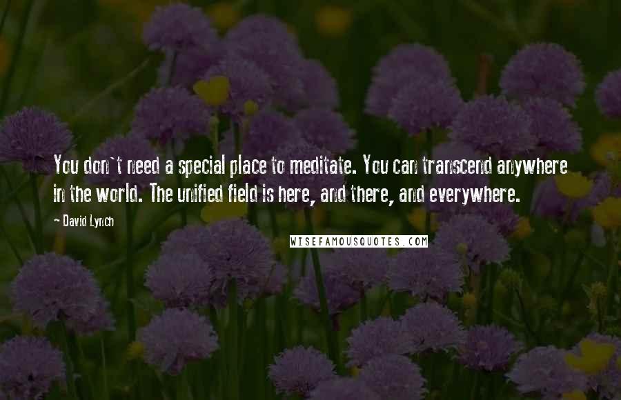 David Lynch Quotes: You don't need a special place to meditate. You can transcend anywhere in the world. The unified field is here, and there, and everywhere.