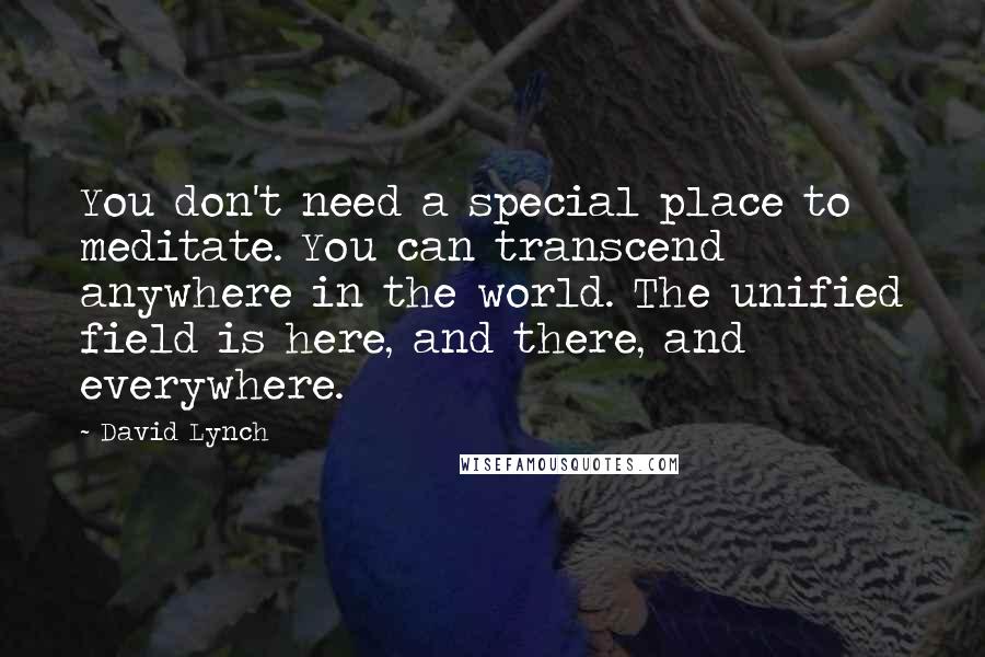 David Lynch Quotes: You don't need a special place to meditate. You can transcend anywhere in the world. The unified field is here, and there, and everywhere.