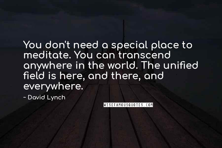 David Lynch Quotes: You don't need a special place to meditate. You can transcend anywhere in the world. The unified field is here, and there, and everywhere.