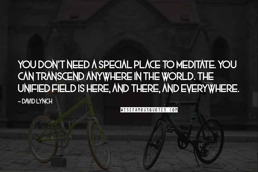 David Lynch Quotes: You don't need a special place to meditate. You can transcend anywhere in the world. The unified field is here, and there, and everywhere.