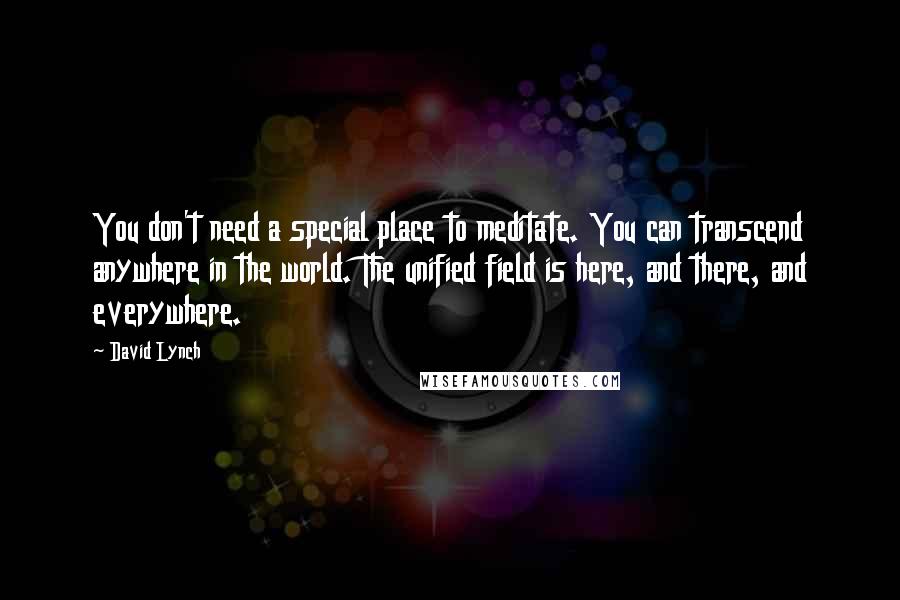 David Lynch Quotes: You don't need a special place to meditate. You can transcend anywhere in the world. The unified field is here, and there, and everywhere.