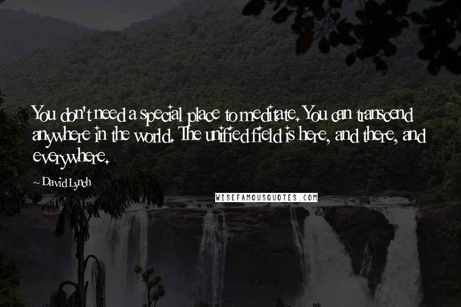 David Lynch Quotes: You don't need a special place to meditate. You can transcend anywhere in the world. The unified field is here, and there, and everywhere.