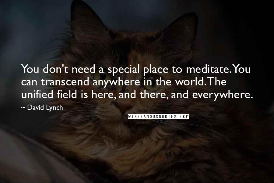 David Lynch Quotes: You don't need a special place to meditate. You can transcend anywhere in the world. The unified field is here, and there, and everywhere.